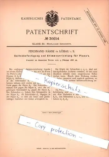 Original Patent - Ferdinand Rähse in Löbau i. S. , 1886 , Musikalische Instrumente !!!