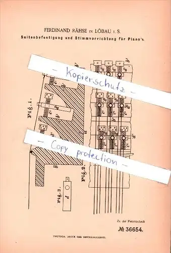 Original Patent - Ferdinand Rähse in Löbau i. S. , 1886 , Musikalische Instrumente !!!