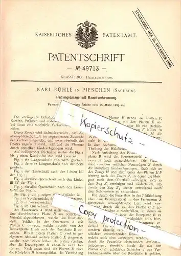 Original Patent - Karl Rühle in Pieschen b. Dresden , 1889 , Heizungsanlage mit Rauchverbrennung , Heizungsbau , Heizung