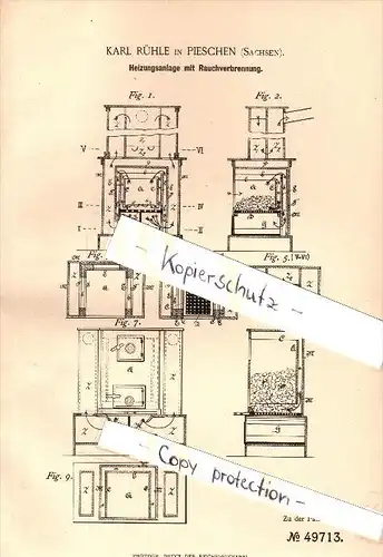 Original Patent - Karl Rühle in Pieschen b. Dresden , 1889 , Heizungsanlage mit Rauchverbrennung , Heizungsbau , Heizung