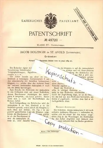 Original Patent - Jacob Holzinger à Saint Avold , Lothringen ,1889 , Ancrages au sol, la construction de batiments , mat