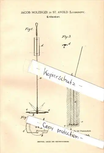 Original Patent - Jacob Holzinger à Saint Avold , Lothringen ,1889 , Ancrages au sol, la construction de batiments , mat