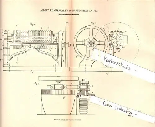 Original Patent -Albert Klankwarth in Bartenstein / Bartoszyce , Ostpreussen , 1889 , Häcksel - Schneidemaschine , Agrar