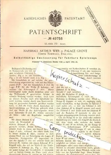 Original Patent - Marshall Arthur Wier in Place Grove , Upper Norwood , 1889 , Reversal for wheeled toys , toy !!!