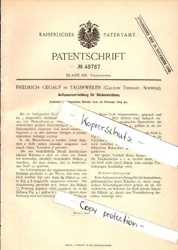 Original Patent - Friedrich Gegauf in Tägerwilen , Thurgau , 1889 , Vorrichtung für Stickmaschine , Stickerei !!!