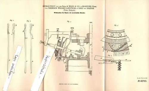 Original Patent -F.W. Rawstron in Shelf b. Halifax , 1889 , Machine for knitting , Wildt & Co in Bradford !!!