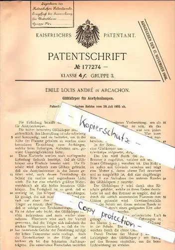 Original Patent -  Emile Louis André à Arcachon , Gironde , 1905 , Manteaux pour acétylène !!!