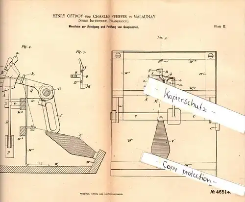 Original Patent - Henry Offroy à Ch. Pfeiffer in Malaunay ,1888, Machine pour le nettoyage et l'essai pour la filature !