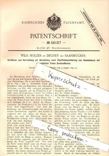 Original Patent - W. Holzer in Dechen / Saarland ,1890, Stopfbüchsenliderung , Maschinenbau , Neunkirchen , Saarbrücken