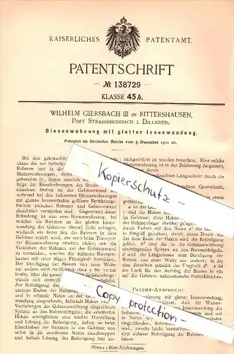 Original Patent -  W. Giersbach in Rittershausen , Post Straßebersbach / Dietzhölztal , 1901 , Bienenwohnung , Imkerei !