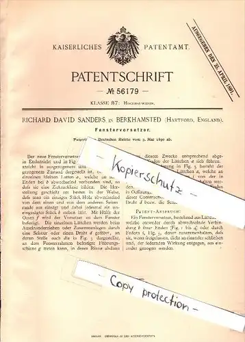 Original Patent - Richard David Sanders in Berkhamsted , 1890 , Blinds for windows  !!!