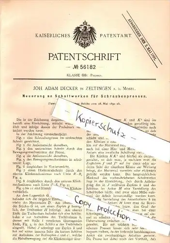 Original Patent - Joh. Adam Decker in Zeltingen a.d. Mosel , 1890, Schaltwerk für Presse , Rachtig !!!