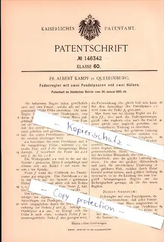 Original Patent - Fr. Albert Kampf in Quedlinburg , 1902 , Federregler mit zwei Pendelpaaren  !!!