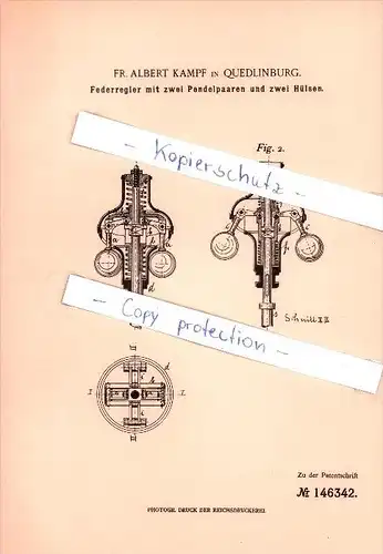 Original Patent - Fr. Albert Kampf in Quedlinburg , 1902 , Federregler mit zwei Pendelpaaren  !!!