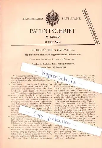Original Patent - Julius Köhler in Limbach i. S. , 1901 , Mit Zirkelnadel arbeitende Doppelnadelstich-Nähmaschine !!!