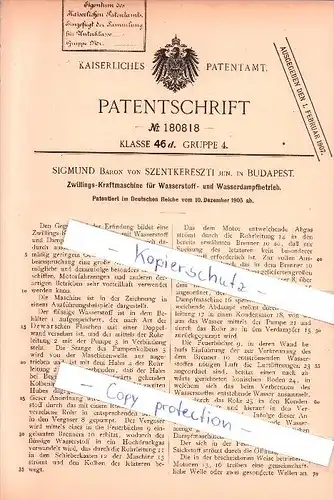 Original Patent - Siegmund Baron von Szentkereszti in Budapest , 1905 , Zwillings-Kraftmaschine , Motor !!!