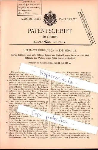 Original Patent - Hermann Undeutsch in Freiberg i.S.  , 1905 , Energie-Indikator zum selbsttätigen Messen  !!!