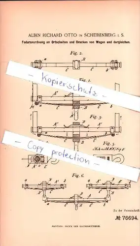 Original Patent - A.R. Otto in Scheibenberg i. S. , 1893 ,  Federanordnung an Ortscheiten , Wagenbau !!!