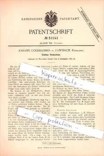Original Patent - Johann Goldhammer in Zawiercie , Russland , 1889 , Endlose Treibschnur , Warthenau !!!