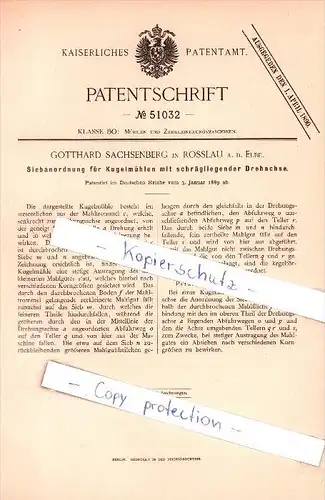 Original Patent - Gotthard Sachsenberg in Rosslau a. d. Elbe , 1889 , Siebanordnung für Kugelmühlen , Mühle , Windmühle