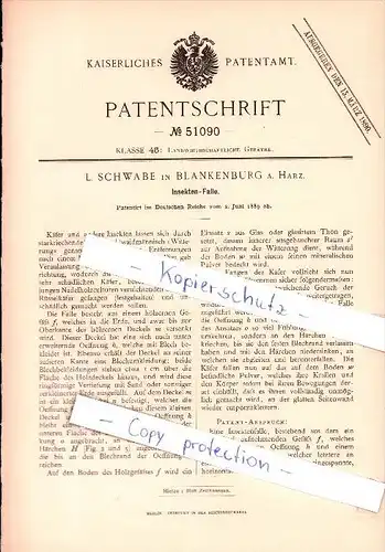 Original Patent - L. Schwabe in Blankenburg a. Harz , 1889 , Insekten - Falle !!!