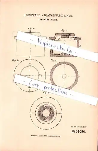 Original Patent - L. Schwabe in Blankenburg a. Harz , 1889 , Insekten - Falle !!!