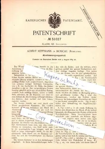 Original Patent - Albert Reppmann in Moscau , Russland , 1889 , Abstimmungsapparat , Wahl , Moskau !!!