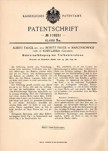 Original Patent - Moritz Fauck in Marcinkowice / Kobylanka , 1899 , Bohrer für Tiefbohrer , Kran !!!