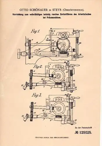 Original Patent - Otto Schönauer in Steyr , 1901 , Vorrichtung für Fräsmaschinen , Maschinenbau , Oberösterreich !!
