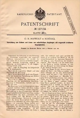 Original Patent - O.M. Hofwolt in Rostock i. Mecklenburg , 1901 , Vorrichtung für Kupplungen , Maschinenbau , Eisenbahn