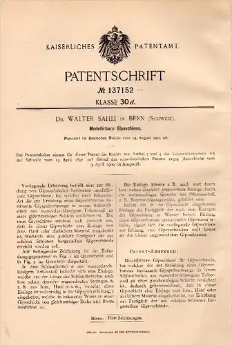 Original Patent - Dr. Walter Sahli in Bern , 1901 , Modellierbare Gipsschiene , Gips , Gipsverband , Arzt  , Chirurgie !