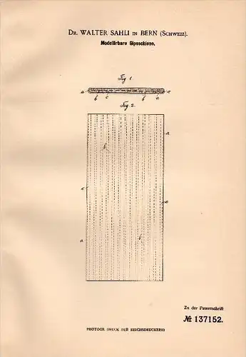 Original Patent - Dr. Walter Sahli in Bern , 1901 , Modellierbare Gipsschiene , Gips , Gipsverband , Arzt  , Chirurgie !