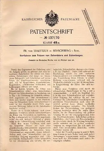Original Patent - Fr. von Traitteur in Hirschberg i. Schlesien , 1902 , Fräsen von Zahnrädern , Jelenia Góra !!!
