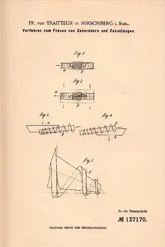 Original Patent - Fr. von Traitteur in Hirschberg i. Schlesien , 1902 , Fräsen von Zahnrädern , Jelenia Góra !!!