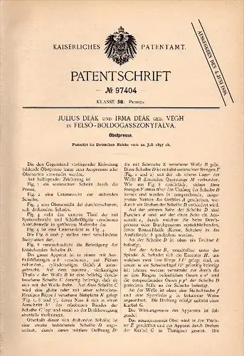 Original Patent - Irma Deák geb. Végh in Fels&#337;boldogfalva , 1897 , Obstpresse , Obst , Presse , Obstbau , Mosterei