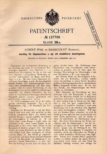 Original Patent - Robert Pfau in Bassecourt , 1901 , Anschlag für Sägemaschinen , Säge , Sägewerk , Schreinerei !!!