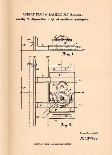 Original Patent - Robert Pfau in Bassecourt , 1901 , Anschlag für Sägemaschinen , Säge , Sägewerk , Schreinerei !!!