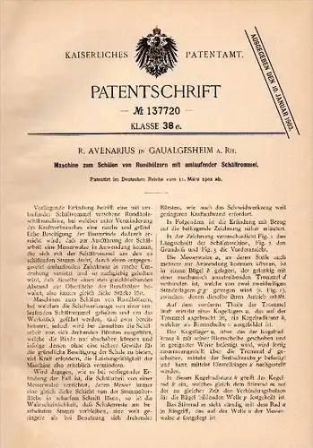Original Patent -R. Avenarius in Gau-Algesheim a. Rhein ,1902, Maschine zum Schälen von Holz , Tischlerei , Gaualgesheim