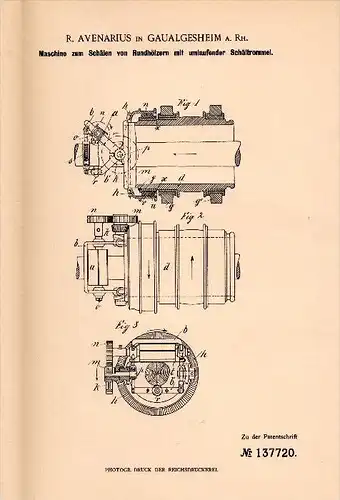 Original Patent -R. Avenarius in Gau-Algesheim a. Rhein ,1902, Maschine zum Schälen von Holz , Tischlerei , Gaualgesheim