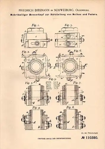 Original Patent - Friedrich Diekmann in Schweiburg b. Jade , 1899 , Messerkopf für Bretter , Tischlerei , Holz !!!