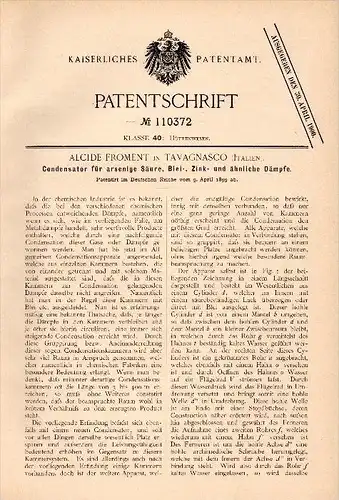 Original Patent - Alcide Froment in Tavagnasco , 1899 , Condensatore per vapori, acidi, zinco, piombo !!!