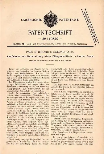 Original Patent - Paul Stiebohr in Soldau / Dzialdowo , 1899 , Mittel gegen Fliegen , Insekten , Agrar , Ostpreussen !!!