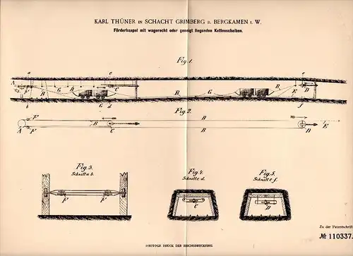 Original Patent - K. Thüner in Schacht Grimberg b. Bergkamen i.W., 1898 , Förderhaspel für Bergbau , Zeche , Wilnsdorf !