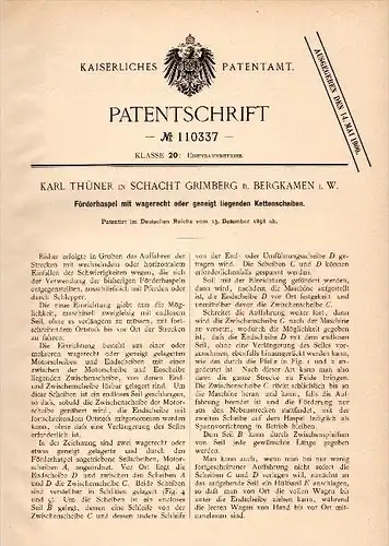 Original Patent - K. Thüner in Schacht Grimberg b. Bergkamen i.W., 1898 , Förderhaspel für Bergbau , Zeche , Wilnsdorf !