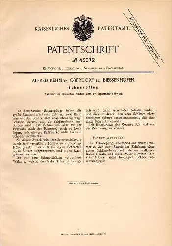 Original Patent - Alfred Rehm in Oberdorf b. Biessenhofen , 1887 , Schneepflug , Pflug , Schnee !!!