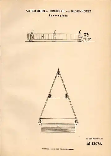 Original Patent - Alfred Rehm in Oberdorf b. Biessenhofen , 1887 , Schneepflug , Pflug , Schnee !!!