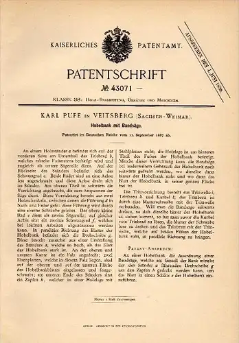 Original Patent - Karl Pufe in Veitsberg , Sachsen - Weimar ,1887, Hobelbank mit Bandsäge , Tischlerei , Tischler , Holz