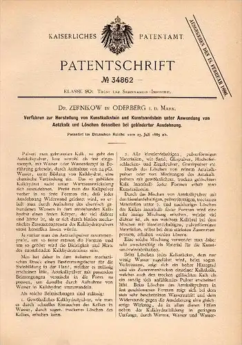 Original Patent - Dr. Zernikow in Oderberg b. Barnim , 1885 , Herstellung von Kunstkalkstein , Kalk , Ziegelei !!!