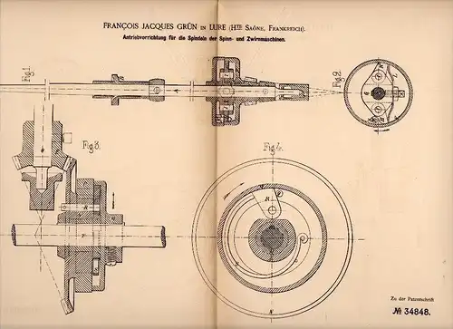Original Patent - F.J. Grün dans Lure , Haute Saone , 1885 , Entraînement pour machine à filer , Spinning !!!