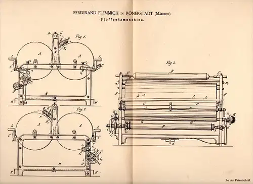 Original Patent - Ferdinand Flemmich in Römerstadt / Rýma&#345;ov , 1886 , Stoff - Putzmaschine , Mähren !!!